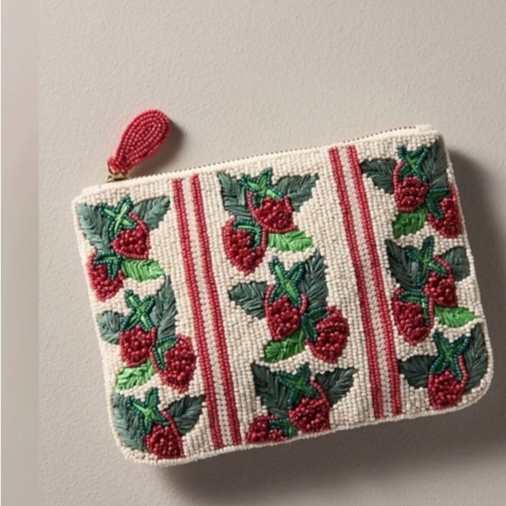 Anthropologie Beaded Pouch with Strawberries.  NWT